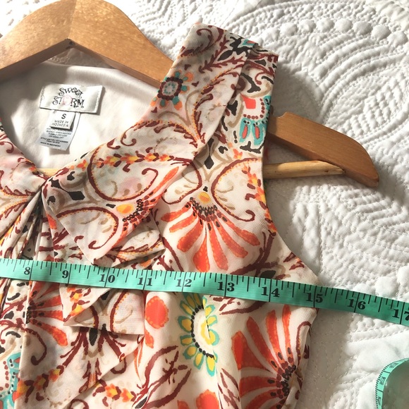 SWEET STORM Fit Flare Mini Dress Floral Ruffle V Neck Orange Cream Size Small - Picture 7 of 12